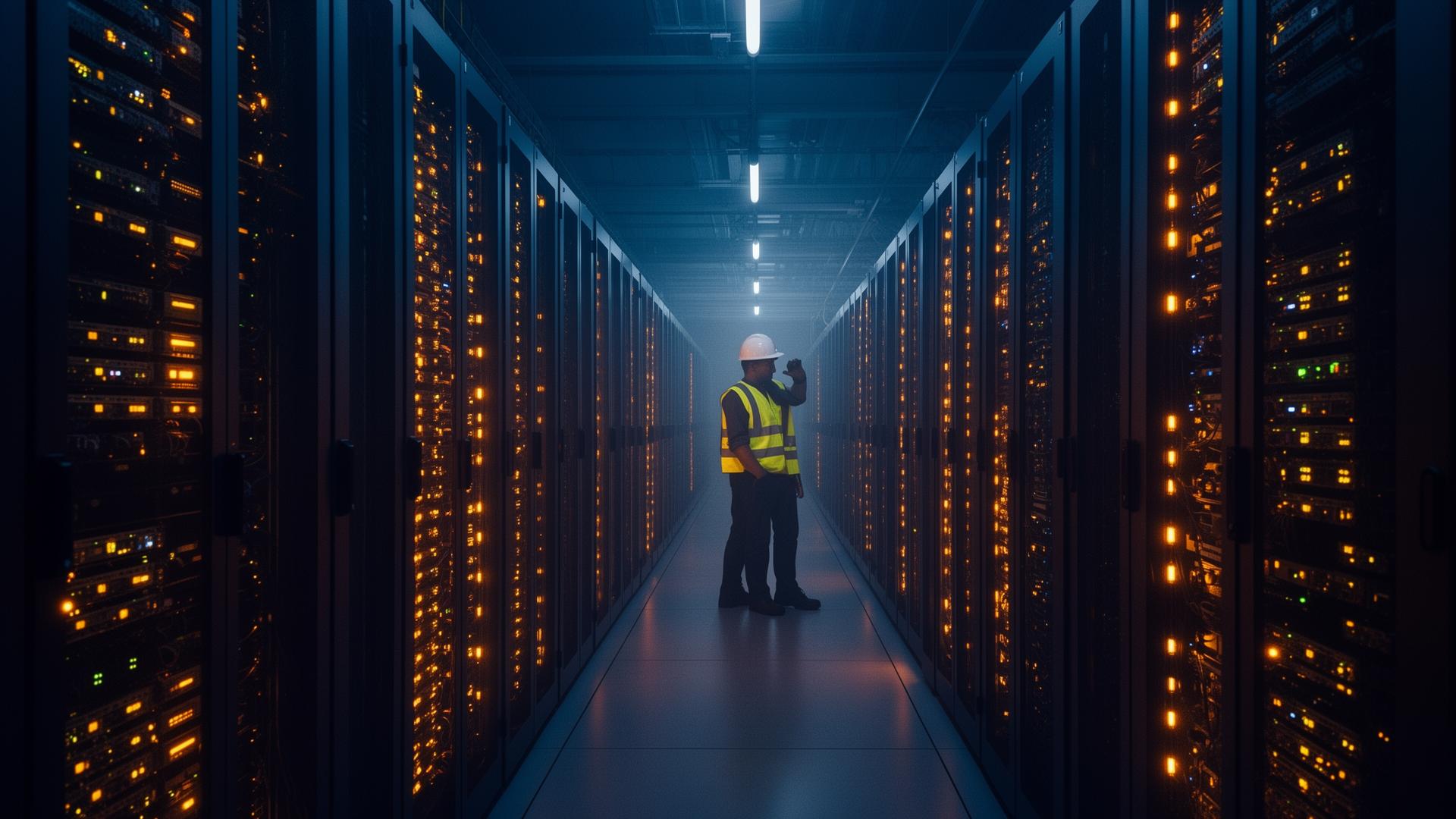Data center technician inspecting a server rack